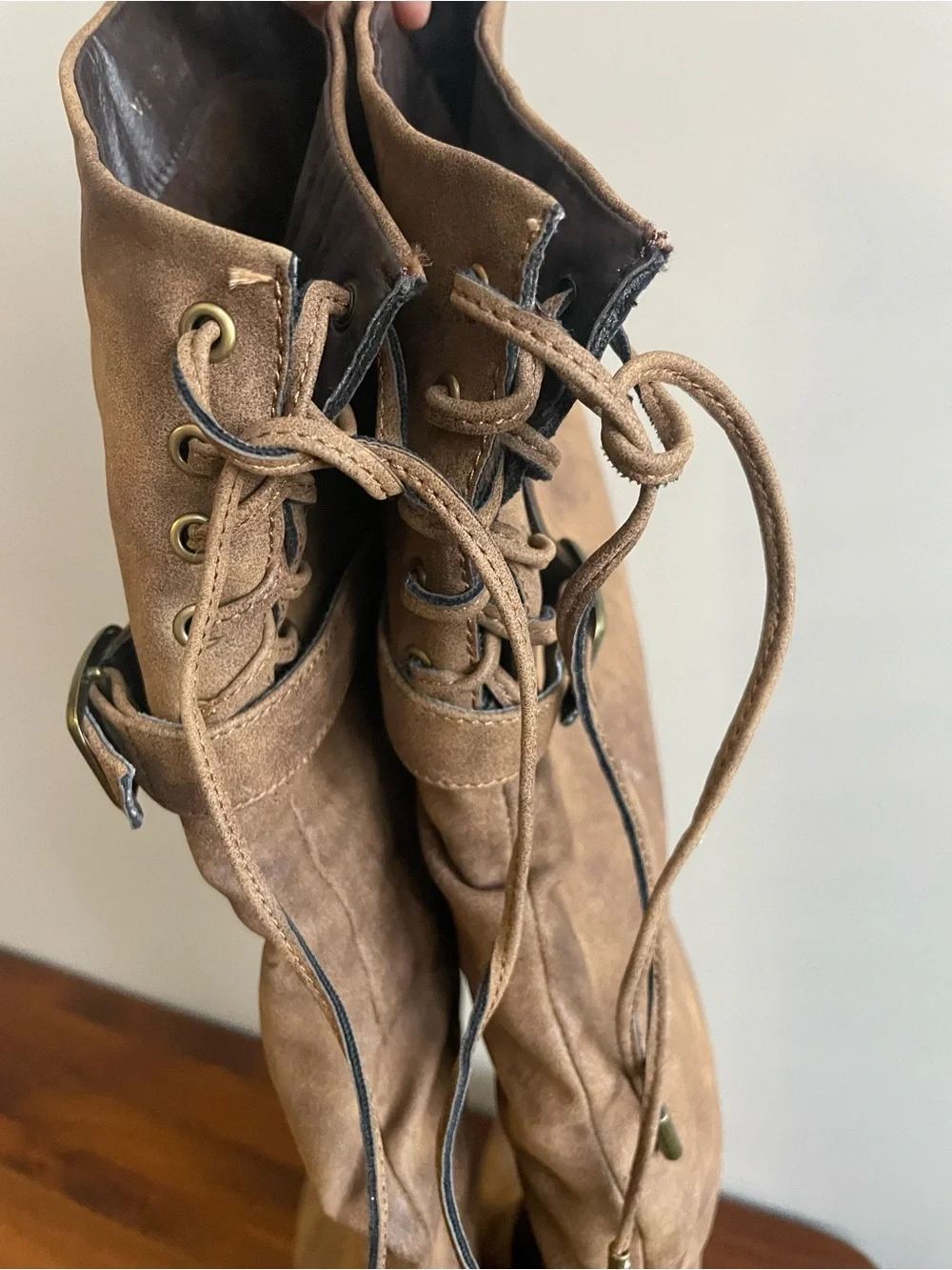 Very Volatile Brown Over-the-Knee Lace-Up Buckle Boots